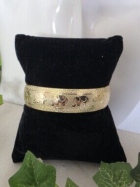 Gold Filled Elephant Open Cuff Bracelet Greek Key Lucky Elephant Bangle
